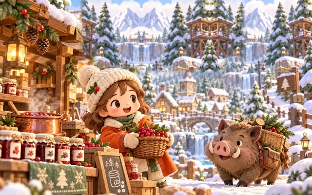 눈꽃 마켓: 열매를 든 주인공과 설원의 작은 상점